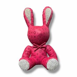 Large Luxury Handmade Monogram Hot Pink Patterned Bunny with Silver Accents NWOT
